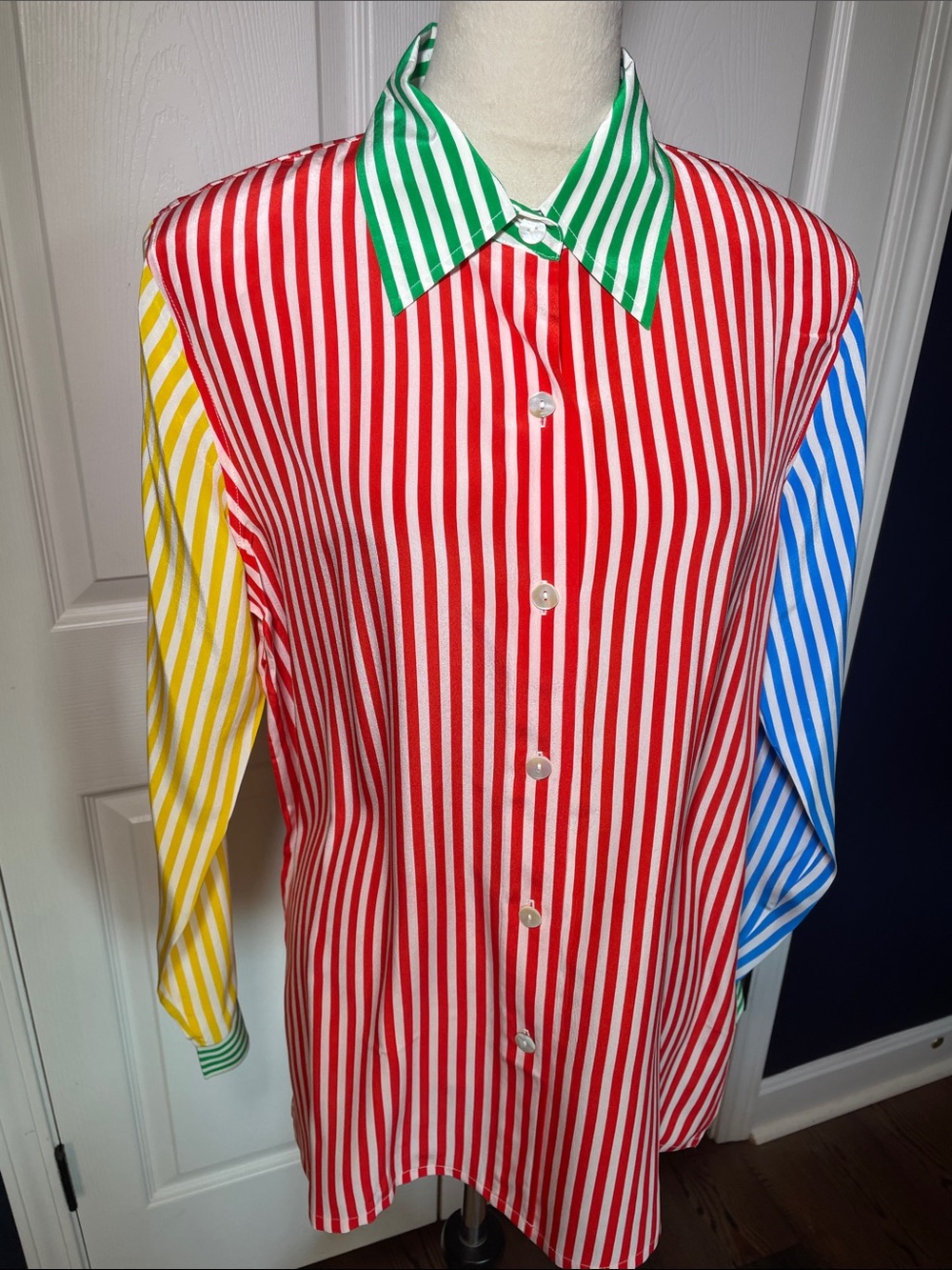 Vintage Linea Silk Striped Blouse Multi Colorblock Fun Shirt Size Medium